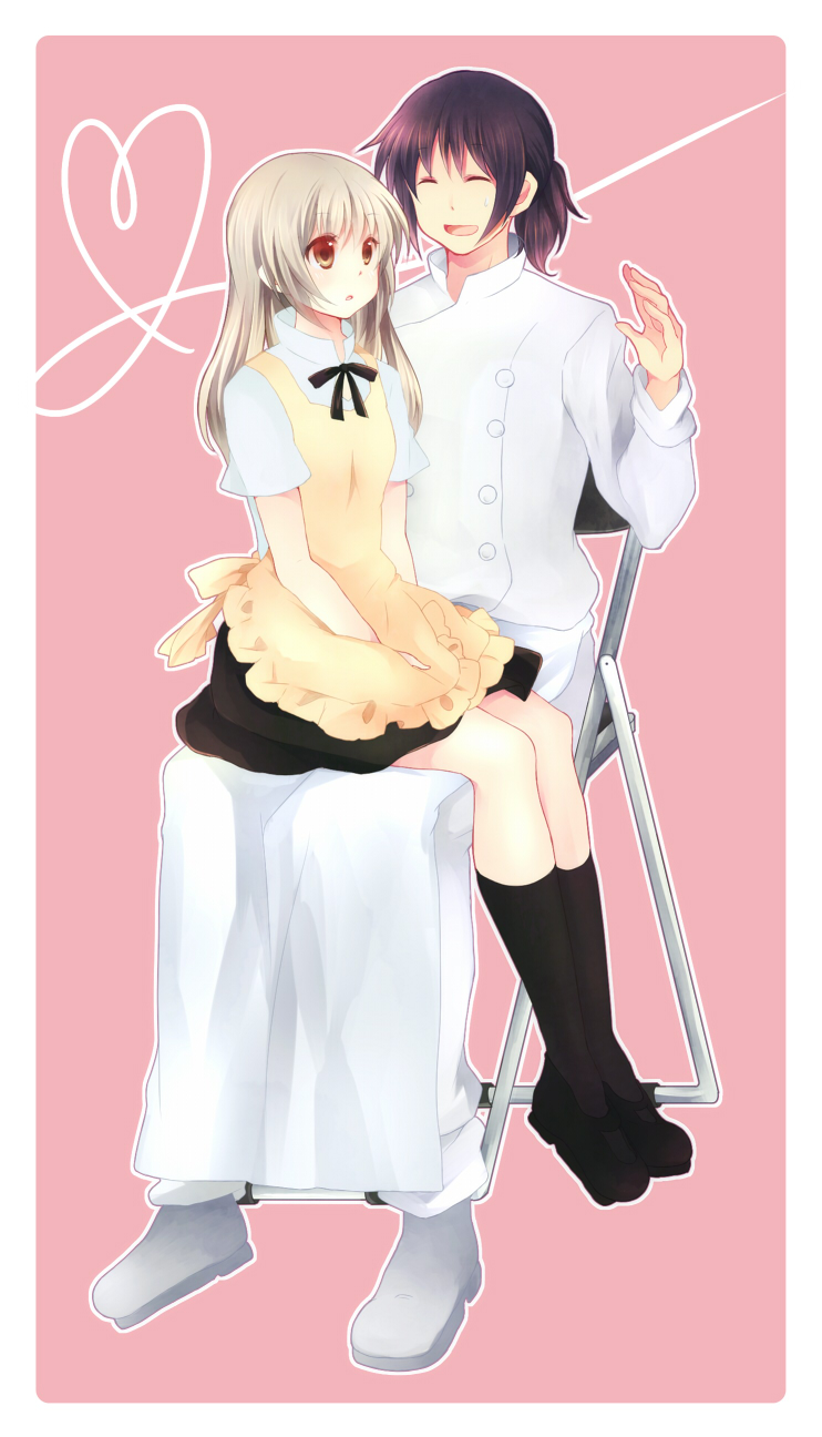 1girl, adachi_masahiro, apron, blonde_hair, brown_eyes, couple, hanahubuki1991, highres