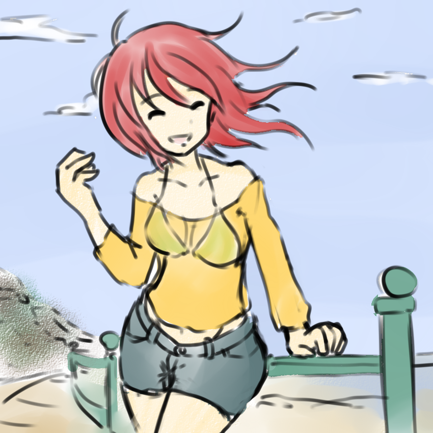 beach, bikini_top, closed_eyes, drawfag, eyes_closed, happy, hoozuki-san_chi_no_aneki, hoozuki_haru
