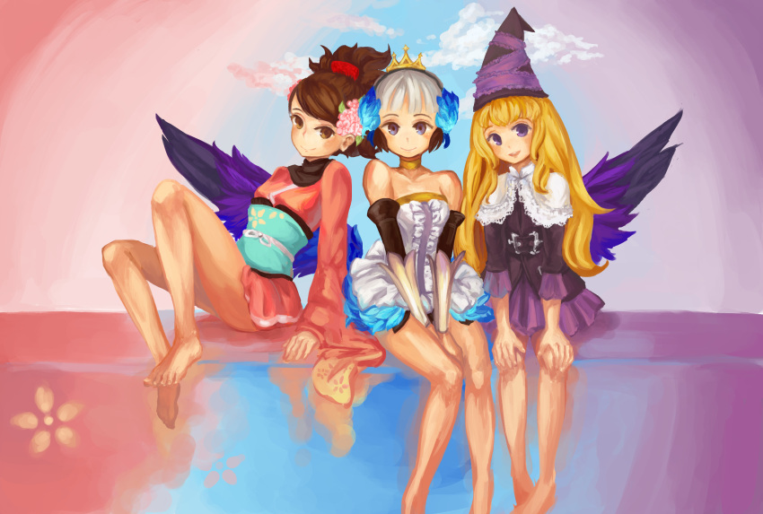 3girls, anonymous_drawfag, bare_shoulders, barefoot, blonde_hair, blue_eyes, brown_hair, choker