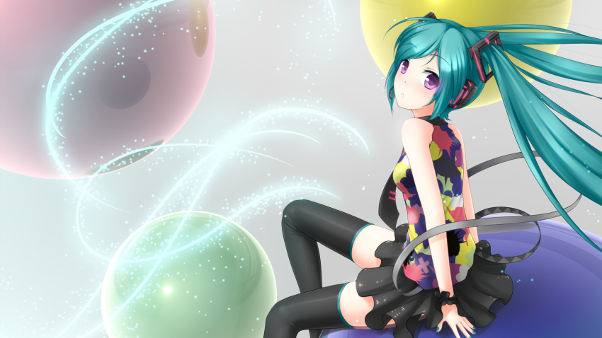 aqua_hair, ball, bare_shoulders, black_legwear, blush, hatsune_miku, headset, highres
