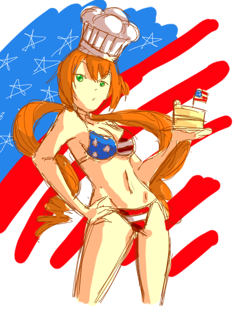 america, american_flag, american_flag_bikini, bikini, breasts, cake, chef_hat, flag_print