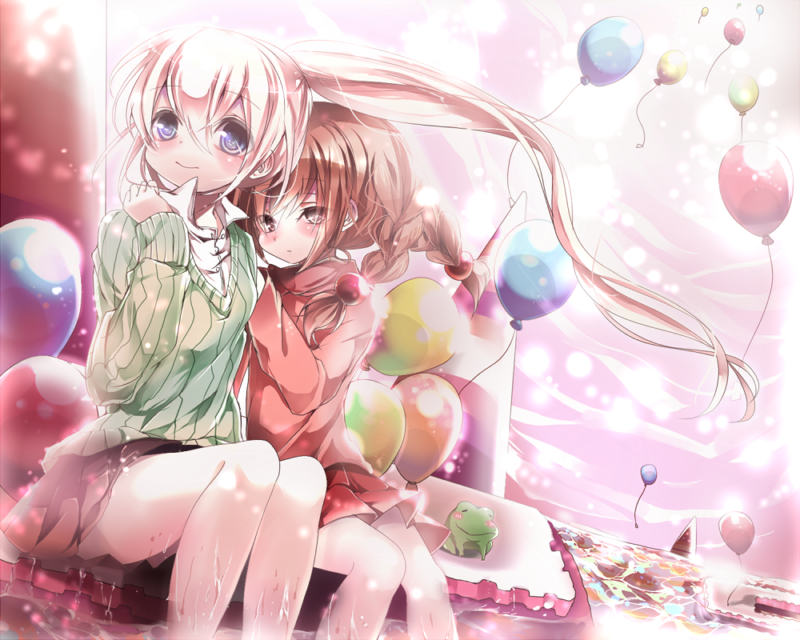 arm_up, bad_id, balloon, blonde_hair, blue_eyes, blush, braid, brown_eyes