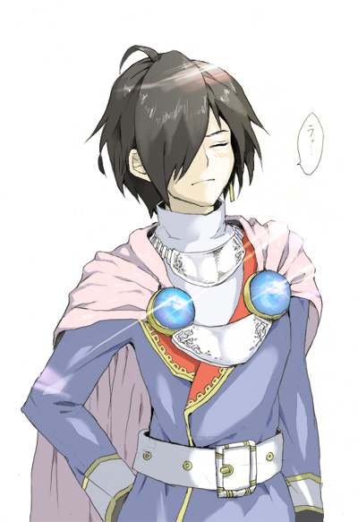 bad_id, belt, black_hair, cape, closed_eyes, eyes_closed, hair_over_one_eye, hand_on_hip