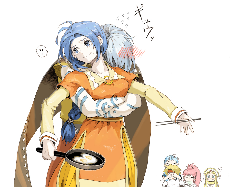 3girls, ?, arche_klein, bad_id, blue_eyes, blue_hair, blush, braid