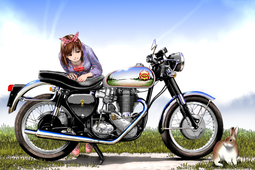 bow, brown_hair, bunny, engine, exhaust, grass, highres, motor_vehicle, motorcycle, nature, original, rabbit, sco_(scopedog85), short_hair, sky, vehicle