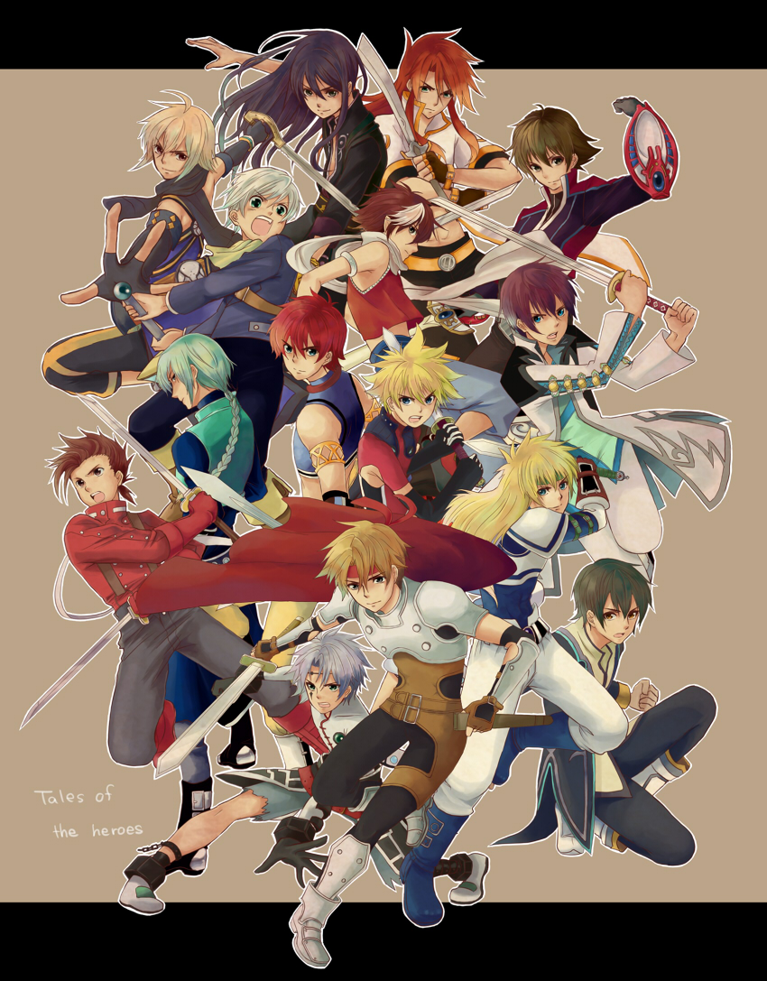 ahoge, armor, asbel_lhant, bare_shoulders, belt, black_hair, blonde_hair, blue_eyes