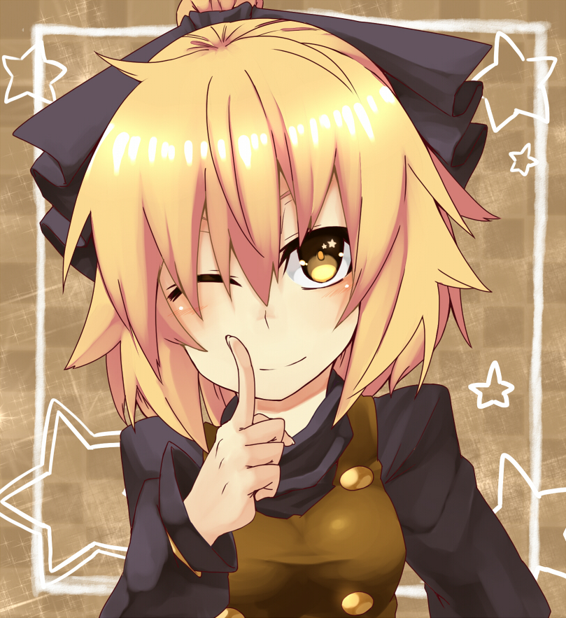 blonde_hair, bow, hachi105, hair_bow, kurodani_yamame, pointing, ponytail, rinnrinn