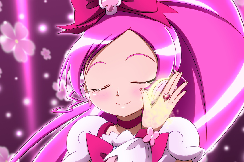 absurdres, choker, closed_eyes, cure_blossom, eyes_closed, floral_background, flower, hanasaki_tsubomi