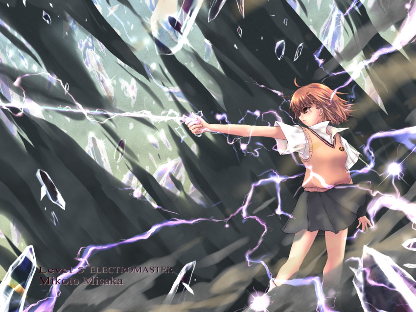 brown_eyes, brown_hair, electricity, misaka_mikoto, pleated_skirt, school_uniform, skirt, tam, to_aru_kagaku_no_railgun, to_aru_majutsu_no_index