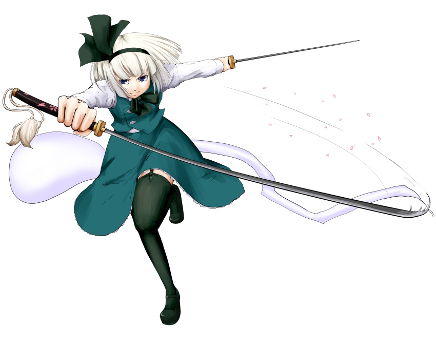 blue_eyes, fighting_stance, ghost, hairband, highres, kirisaki, kirisaki_akihito, konpaku_youmu