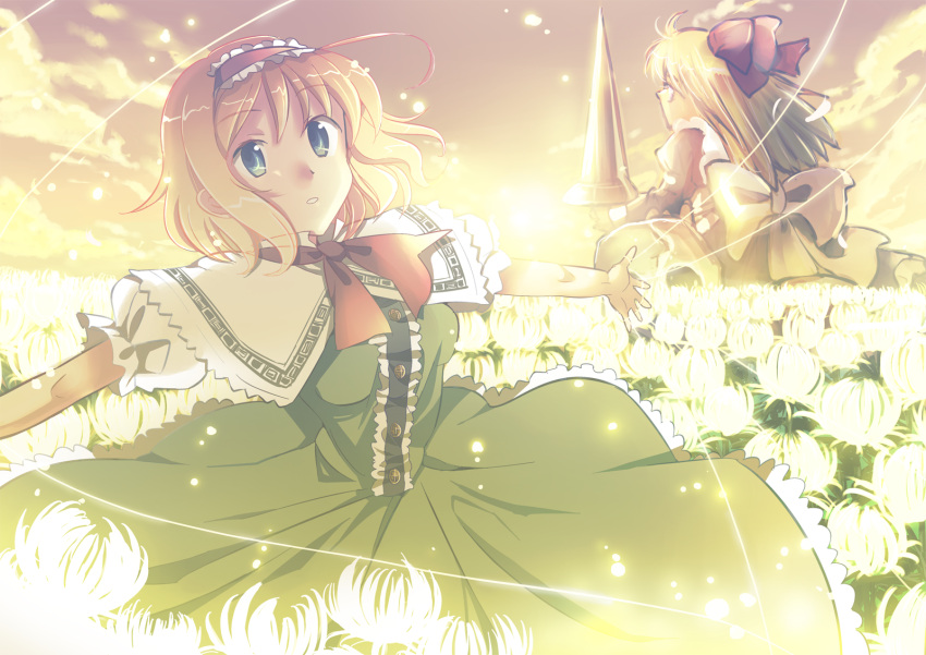 alice_margatroid, blonde_hair, bow, capelet, dress, flower, flower_field, goliath_doll
