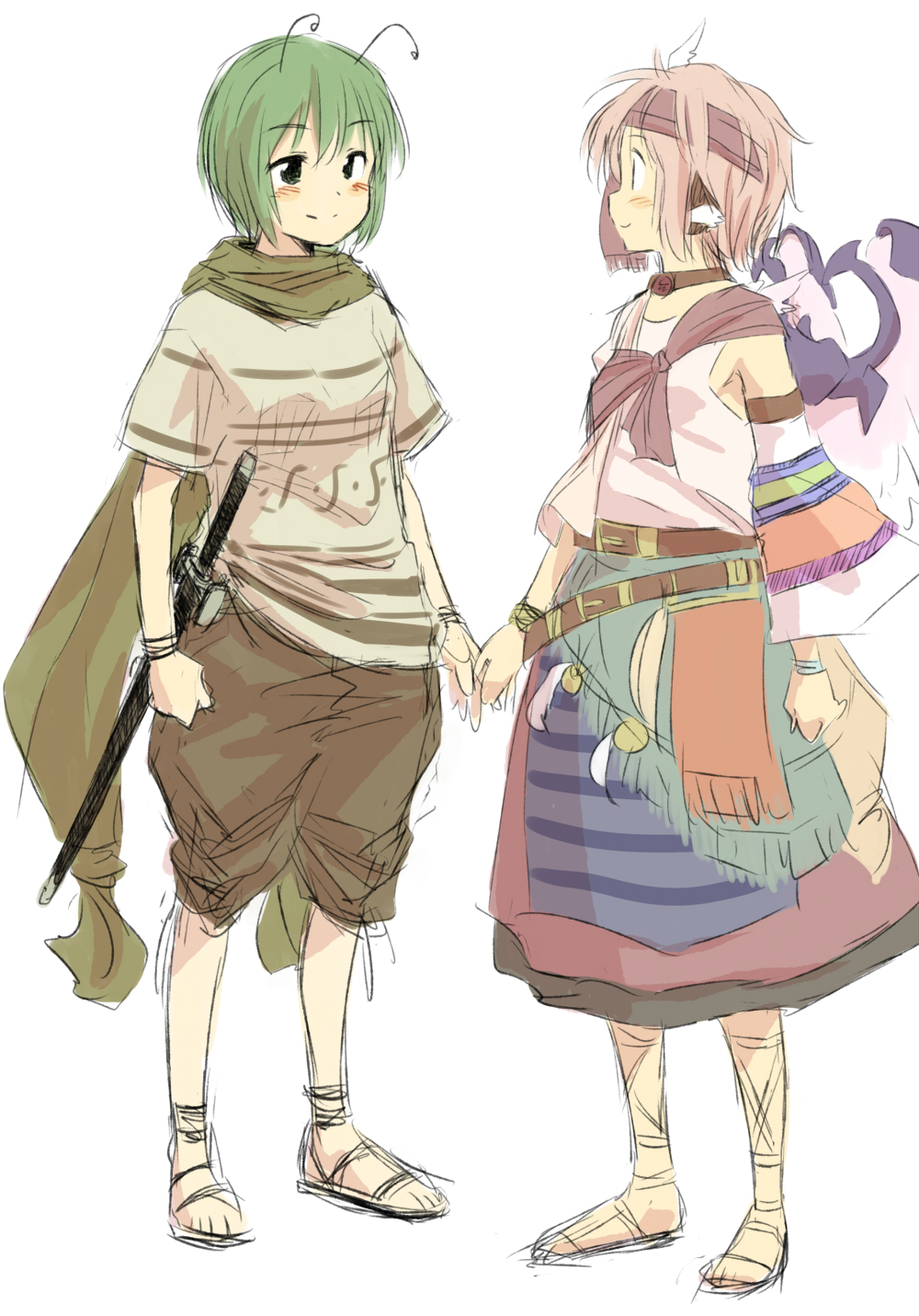 alternate_costume, animal_ears, antennae, asymmetrical_clothes, belt, blush, cape, detached_sleeves