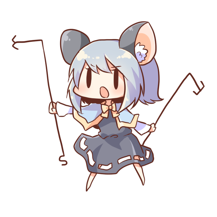 1girl, animal_ears, bad_id, blue_hair, capelet, chibi, dress, holding, koza, mouse_ears, nazrin, open_mouth, simple_background, solid_circle_eyes, solid_oval_eyes, solo, touhou, white_background