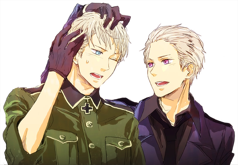 alternate_eye_color, alternate_hairstyle, arm_up, axis_powers_hetalia, black_gloves, blonde_hair, blue_eyes, border