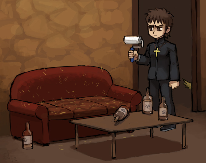 animalization, bottle, brown_eyes, couch, cross, dog, emlan, fate/zero