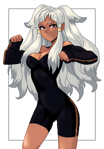 bike_shorts, breasts, cleavage, clenched_hands, copyright_request, dark_skin, hair_ornament, long_hair, looking_at_viewer, lowres, off_shoulder, punpun, red_eyes, simple_background, skin_tight, sleeves_past_wrists, solo, tan, thighs, white_hair