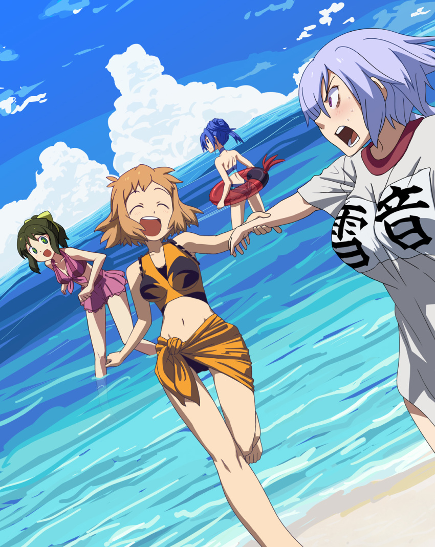 :d, barefoot, beach, bikini, blue_eyes, blue_hair, bow, brown_hair