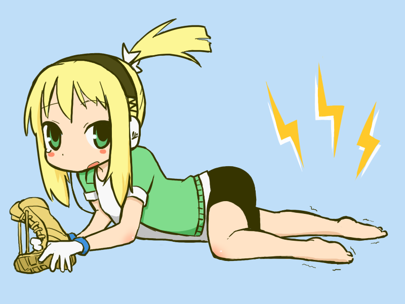 blonde_hair, boots, chibi, commentary, ear_protection, feet, gloves, green_eyes, headphones, hizaki_ryuuta, hizakiryuuta, iris_(material_sniper), lying, material_sniper, on_stomach, pain, ponytail, sad, short_hair, simple_background, solo, translation_request