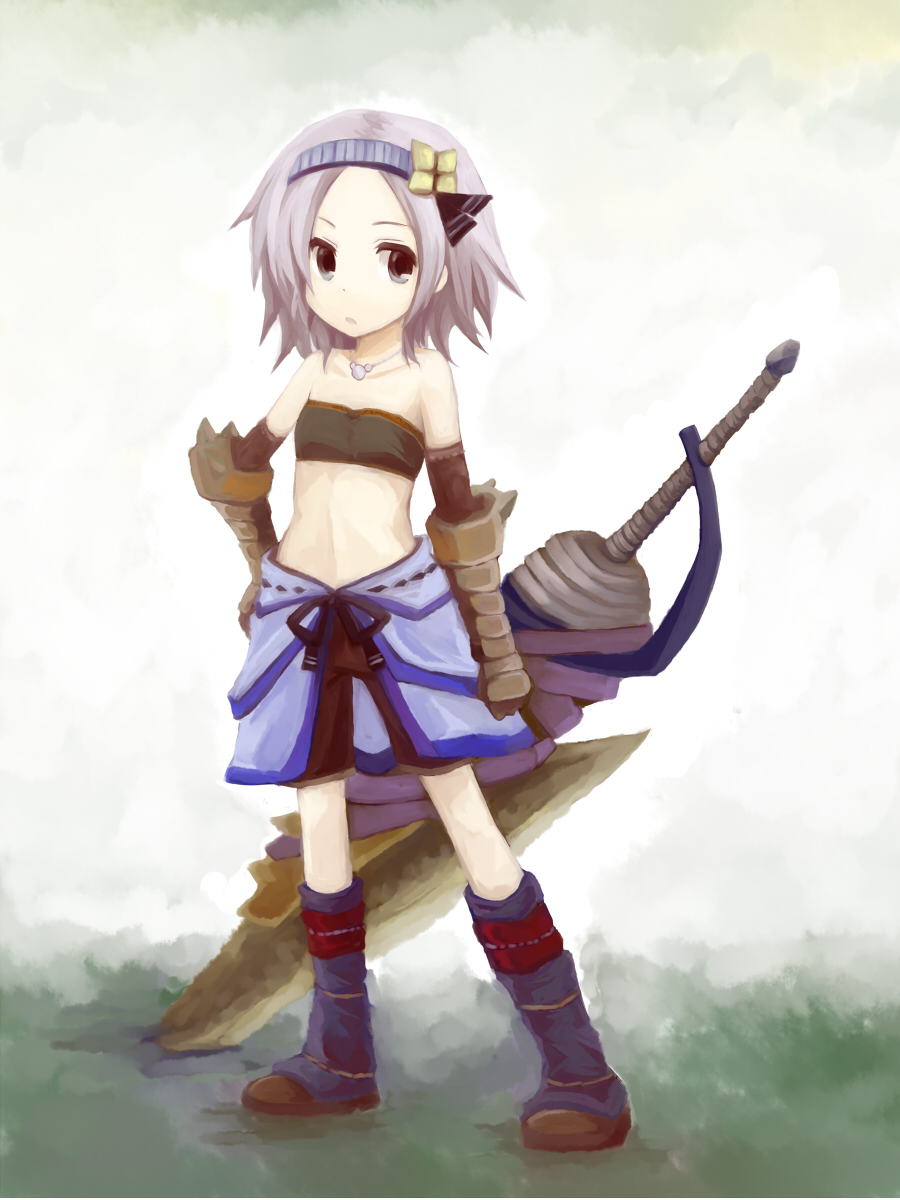 bandeau, capcom, flat_chest, hand_on_hip, highres, hips, jhen_mohran_(armor), midriff