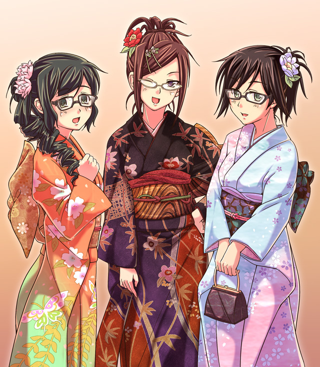 amasaki_aoi, brown_hair, e20, flower, glasses, green_eyes, hair_flower, hair_ornament, hairclip, houzumi_kaede, houzumi_satsuki, japanese_clothes, kimono, multiple_girls, original, purple_eyes, short_hair, violet_eyes, wink