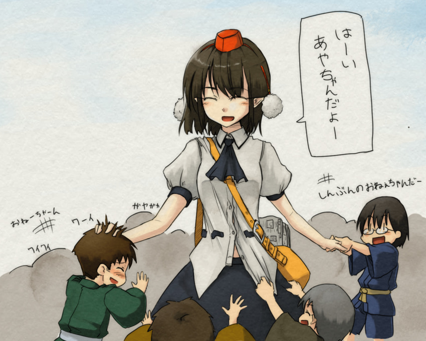 :d, ^_^, blush, brown_hair, child, closed_eyes, dress_shirt, eyes_closed