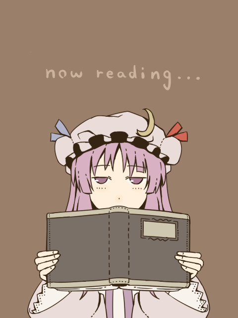 book, brown_background, crescent, english, flat_gaze, hat, hat_ribbon, holding, holding_book, kahasina, kawashina_(momen_silicon), open_book, patchouli_knowledge, purple_eyes, purple_hair, ribbon, simple_background, solo, touhou, violet_eyes