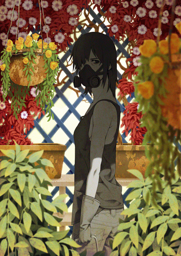 arasdel, blurry, brown_eyes, brown_hair, depth_of_field, flower, gas_mask, gloves