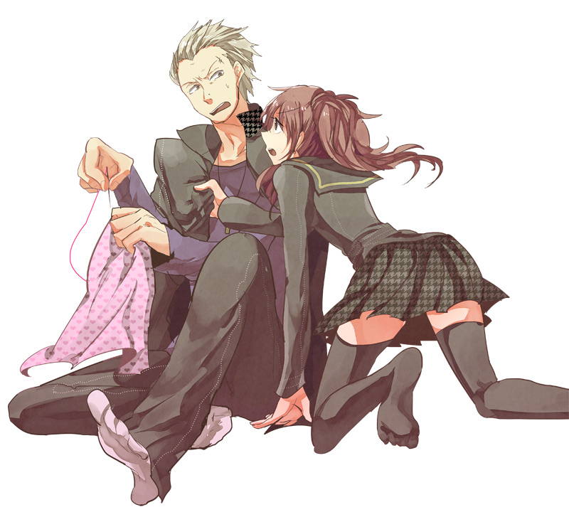 1girl, ass, breasts, brown_hair, bullet, couple, footwear, grey_eyes