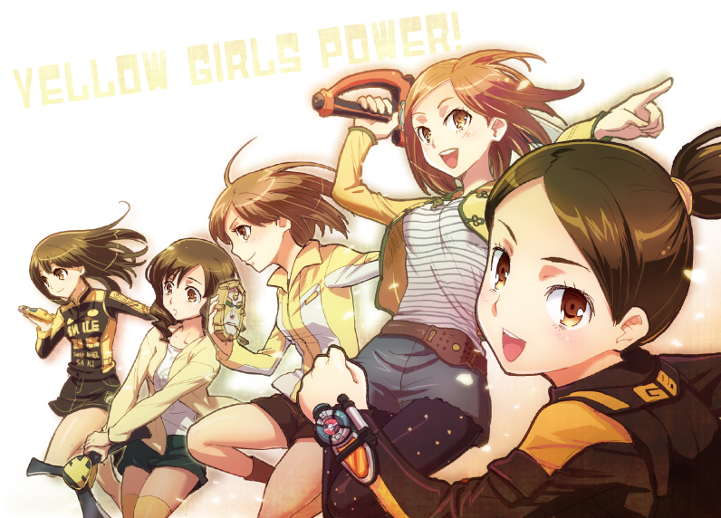 belt, brown_eyes, brown_hair, cutlass, cutlass_(sword), engine_sentai_go-onger, female, hanaori_kotoha, izumi_rion, kaizoku_sentai_gokaiger, lineup, luka_millfy, moune, multiple_girls, open_clothes, open_jacket, orange_hair, pantyhose, ponytail, rouyama_saki, samurai_sentai_shinkenger, short_shorts, shorts, skirt, super_sentai, tensou_sentai_goseiger, thigh-highs, thighhighs, tokumei_sentai_go-busters, usami_y?ko, usami_youko, usami_yã¥âko, weapon, yellow