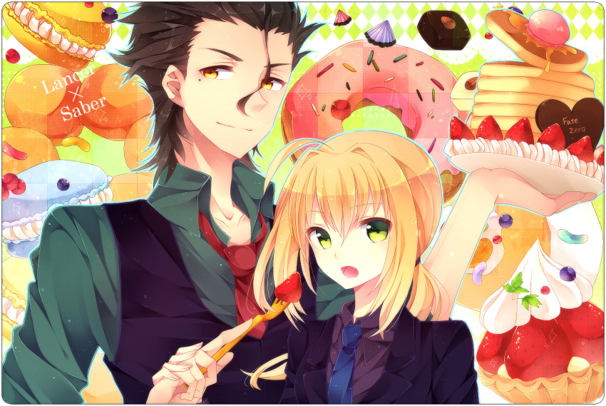 1girl, ahoge, ajuvyrvosjfj, black_hair, blonde_hair, doughnut, fate/zero, fate_(series)