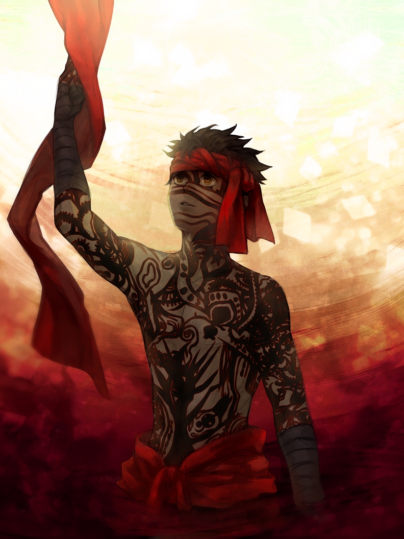 avenger, bandana, bandanna, black_hair, dark_skin, fate/hollow_ataraxia, fate_(series), full_body_tattoo
