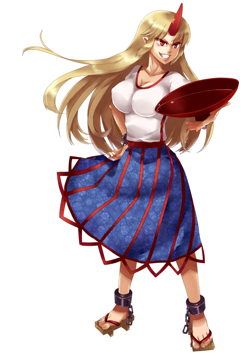 absurdres, bad_id, blonde_hair, hand_on_hip, highres, horn, horns, hoshiguma_yuugi