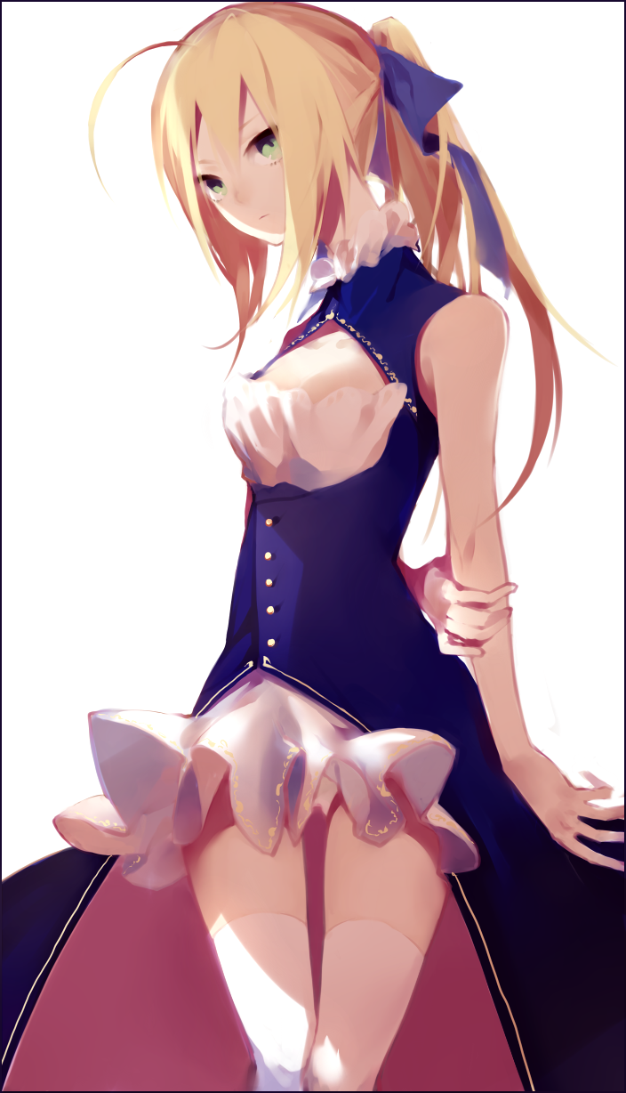 adapted_costume, ahoge, bare_shoulders, blonde_hair, dress, fate/stay_night, fate_(series), green_eyes