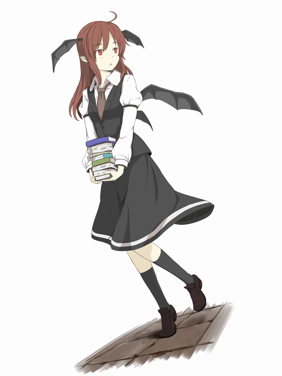 book, dress, head_wings, highres, holding, holding_book, kahasina, kawashina_(momen_silicon), koakuma, long_hair, red_eyes, red_hair, redhead, solo, the_embodiment_of_scarlet_devil, touhou, white_background, wings