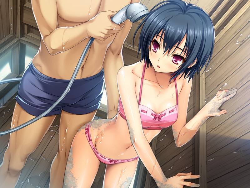 1girl, bikini, blue_hair, game_cg, kurosaki, navel, purple_eyes, short_hair