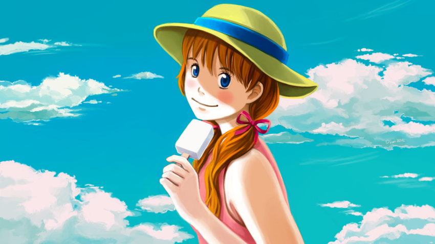 1girl, blue_eyes, blush, brown_hair, food, hachimitsu_to_clover, hair_ribbon, hat