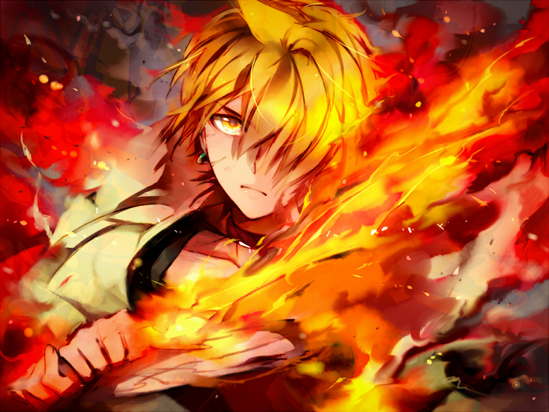 ali_baba_saluja, aoshiki, blonde_hair, earrings, fire, flaming_sword, hair_over_one_eye, holding