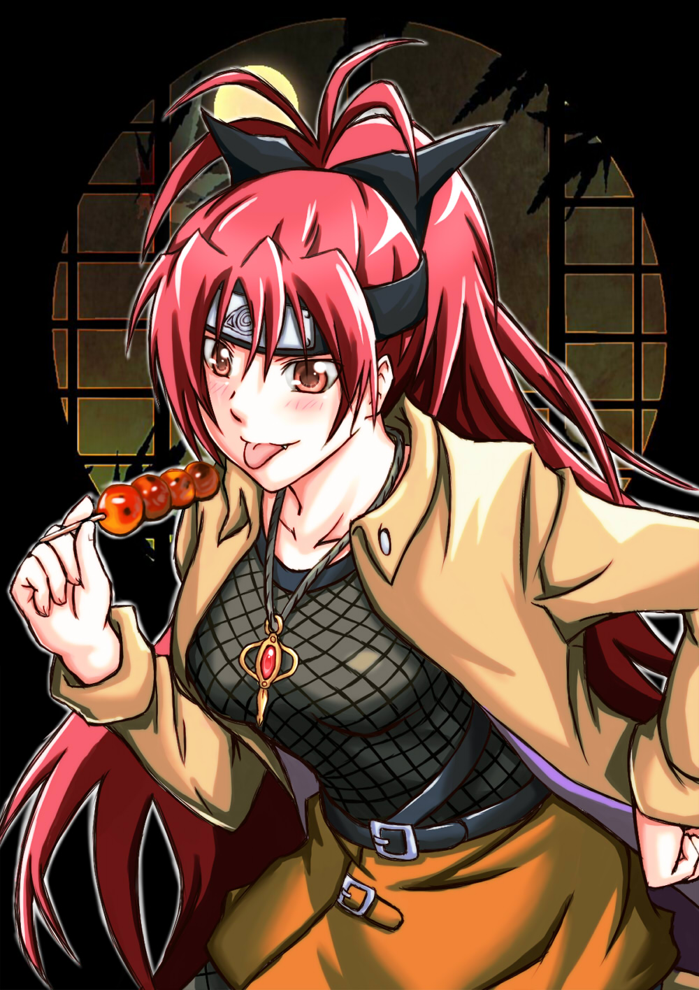 blush, cosplay, dango, fang, fishnets, food, forehead_protector, forestss, highres, jewelry, konohagakure_symbol, mahou_shoujo_madoka_magica, mitarashi_anko, mitarashi_anko_(cosplay), namesake, naruto, necklace, ponytail, red_eyes, red_hair, redhead, sakura_kyouko, solo, soul_gem, tongue, tongue_out, wagashi