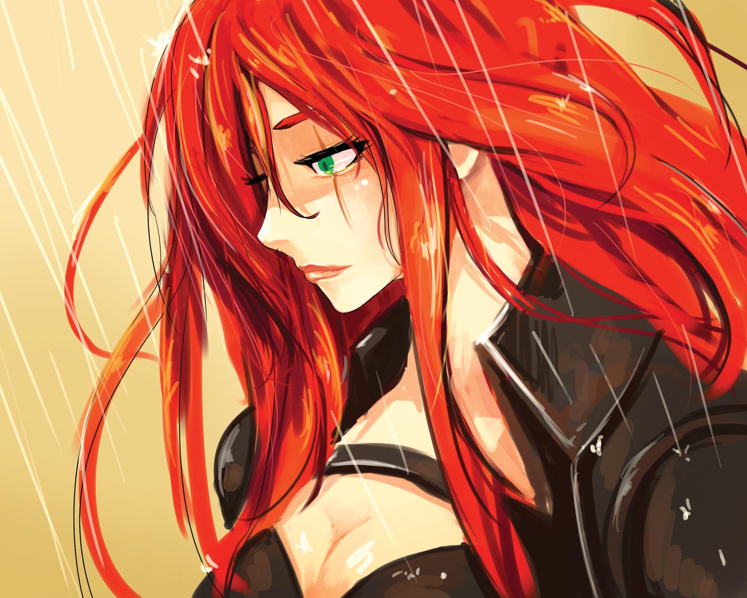 beancurd, breasts, cleavage, green_eyes, highres, jacket, katarina, katarina_du_couteau, league_of_legends, lipstick, long_hair, makeup, profile, rain, red_hair, redhead, scar, simple_background, solo