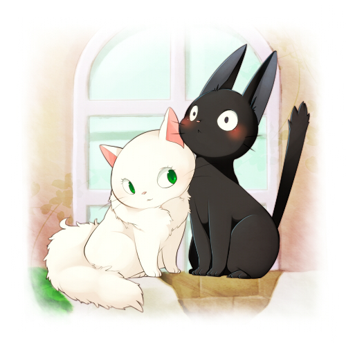 black_cat, blush, cat, couple, cuddling, fur, green_eyes, honey-cat, jiji_(character), jiji_(majo_no_takkyuubin), lily_(character), lily_(majo_no_takkyuubin), lowres, majo_no_takkyuubin, no_humans, sitting, studio_ghibli, surprised, tail, white_cat, window