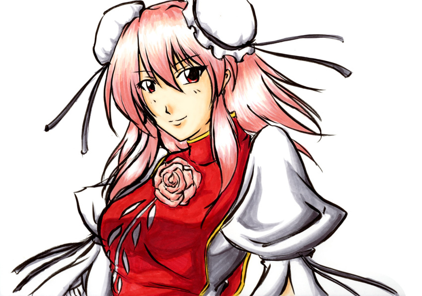 bun_cover, bust, double_bun, faux_traditional_media, hair_bun, ibaraki_kasen, nagisa_k, pink_hair