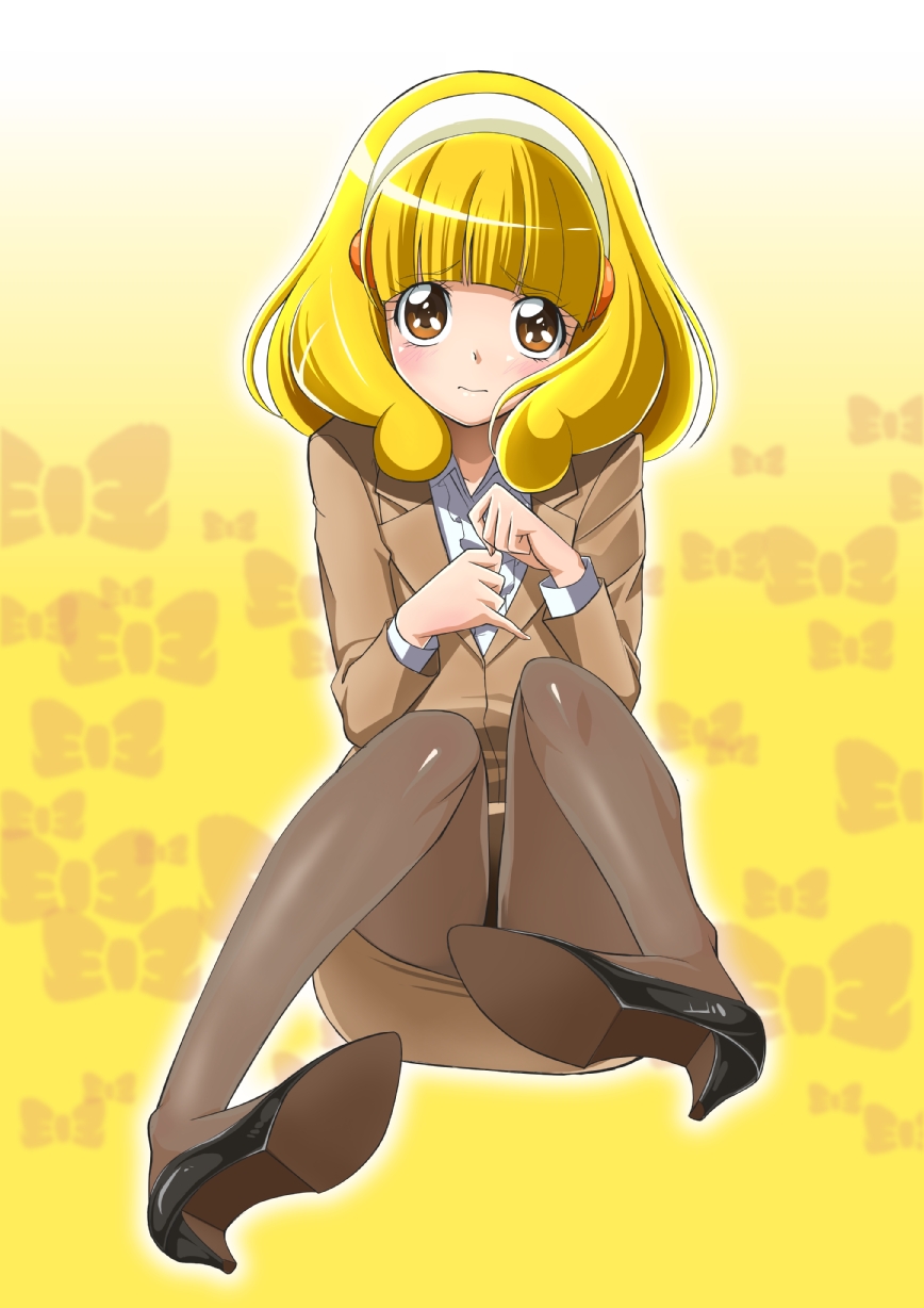 blonde_hair, blush, bow, brown_eyes, brown_legwear, female, formal, gradient