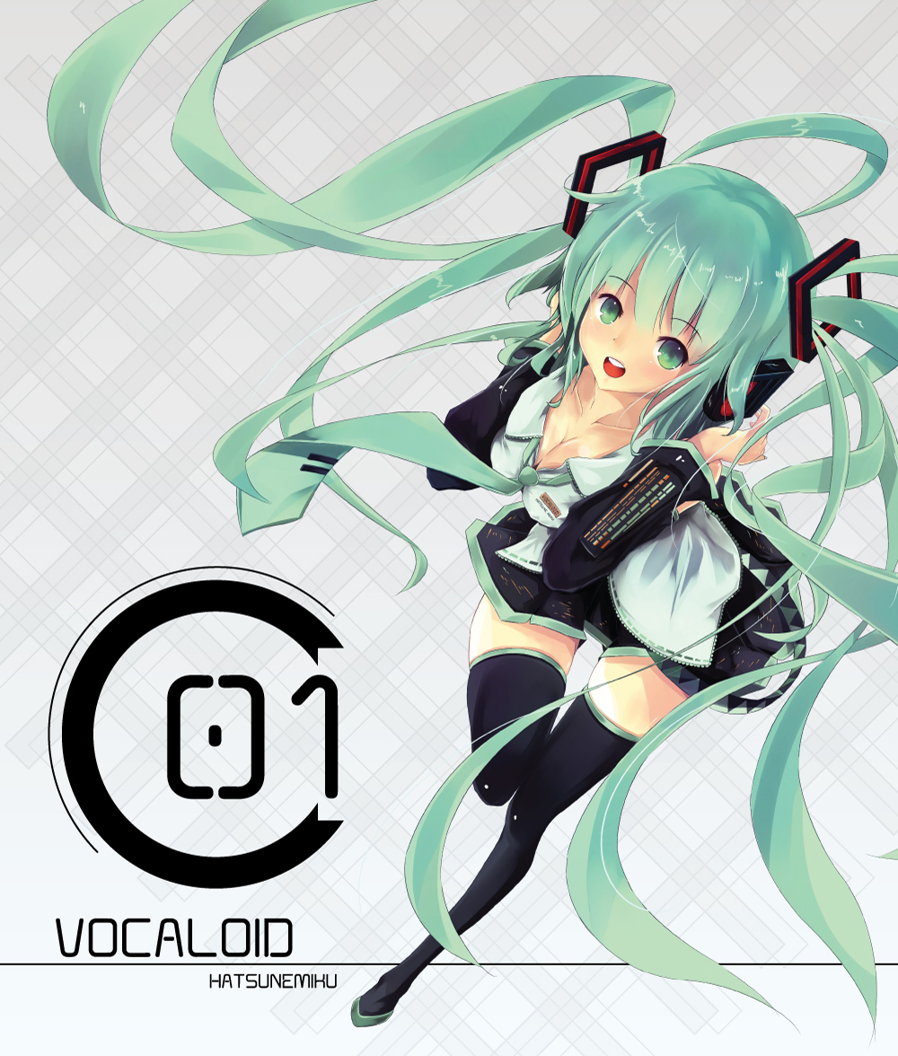 boots, breasts, character_name, cleavage, detached_sleeves, green_eyes, green_hair, hands_on_headphones
