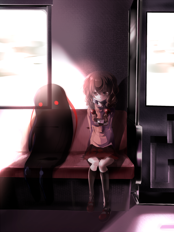 arms_behind_back, bad_id, braid, brown_eyes, brown_hair, creature, door, emia, ghost, glowing, glowing_eyes, hair_bobbles, hair_ornament, kneehighs, madotsuki, red_eyes, shirt, sitting, skirt, train, train_interior, twin_braids, yume_nikki