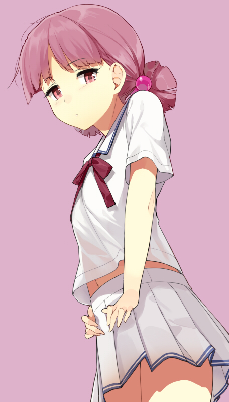 bad_id, chousoku_spinner, kirisaki_mai, lavender_hair, navel, pink_eyes, pleated_skirt, purple_background