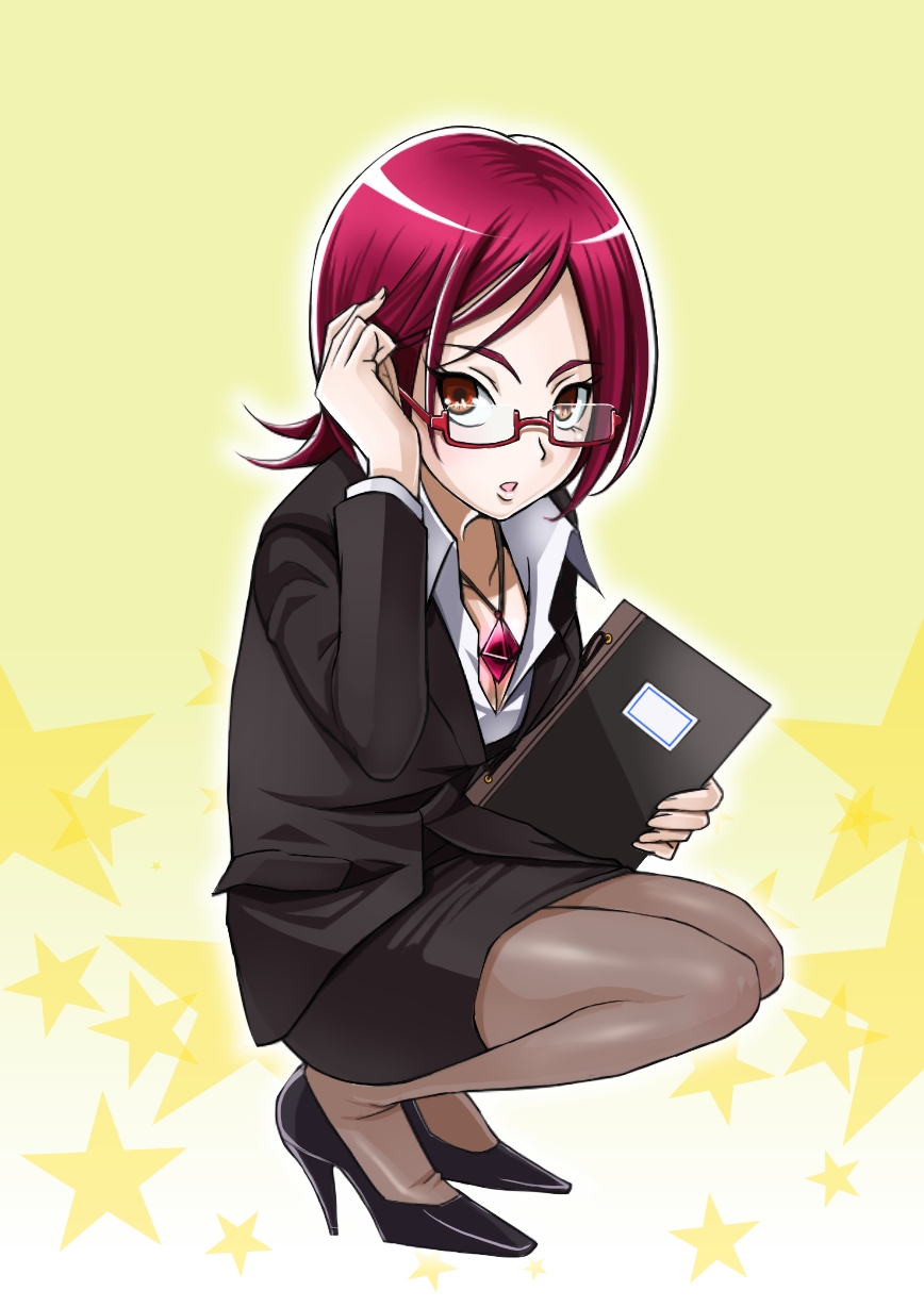 adjusting_hair, artist_request, bespectacled, black_legwear, breasts, brown_eyes, character_request, cleavage