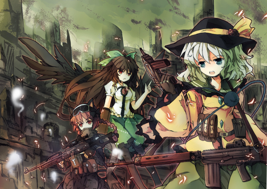 3girls, arm_cannon, battle_rifle, black_hair, black_wings, bondson, bow, building, city, contemporary, fn_fal, gloves, goggles, goggles_on_head, green_eyes, green_hair, gun, hair_bow, hat, kaenbyou_rin, komeiji_koishi, load_bearing_vest, long_hair, machine_gun, multiple_girls, operator, ots-02_kiparis, pkp_pecheneg, red_eyes, red_hair, redhead, reiuji_utsuho, rifle, short_hair, smoke, sniper_rifle, third_eye, touhou, very_long_hair, weapon, wings