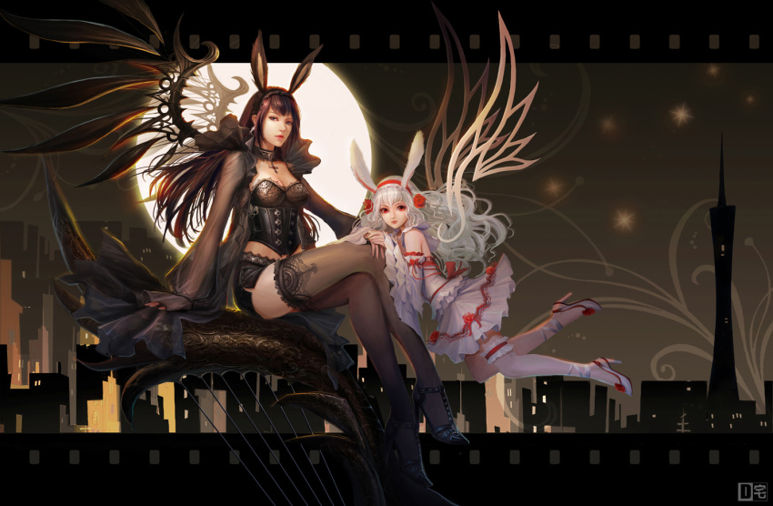 animal_ears, black_hair, black_legwear, breasts, bunny_ears, choker, city_skyline, corset