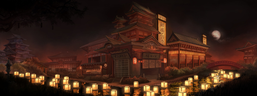 bridge, cloud, east_asian_architecture, full_moon, grass, highres, jason_wang, lantern, moon, night, no_humans, original, paper_lantern, reflection, river, scenery, torii, tree, water