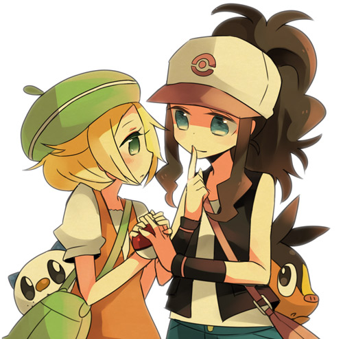 2girls, akebi_(kakororo), bag, baseball_cap, bel_(pokemon), beret, blonde_hair, blue_eyes